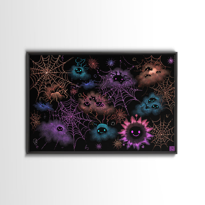 The Great Cobweb Knitting Contest, Vaporwave Halloween Decor, Landscape Wall Art, Canvas Print, Retro Halloween Decor, Neon Wall Art