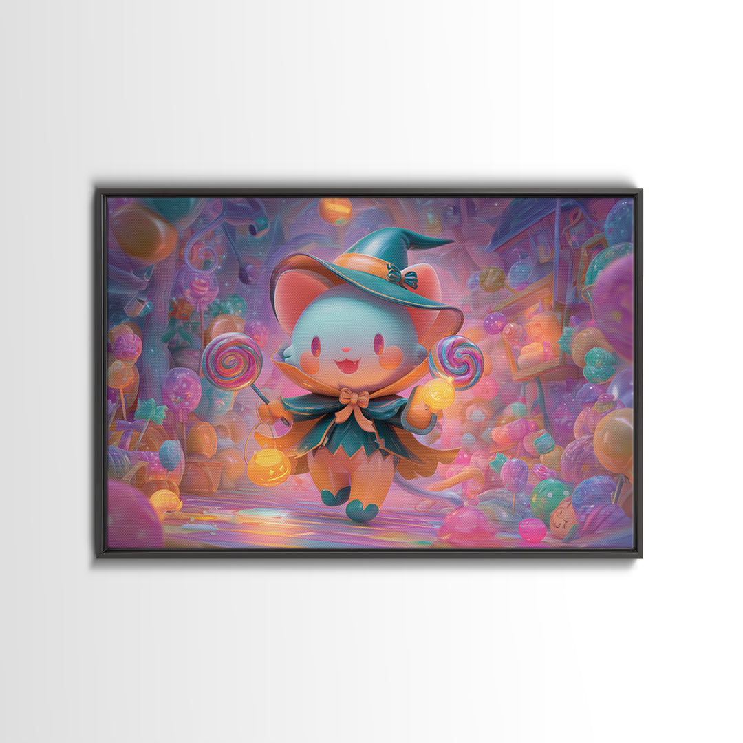 The Halloween Pet Parade, 80s Halloween Wall Art, Landscape Wall Art, Framed Canvas Print, Retro Halloween Decor, Neon Wall Art