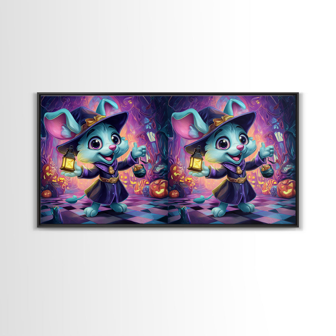 The Halloween Pet Parade, Synthwave Halloween Art, Wide Panoramic Art, Framed Canvas Print, Retro Halloween Decor, Neon Wall Art