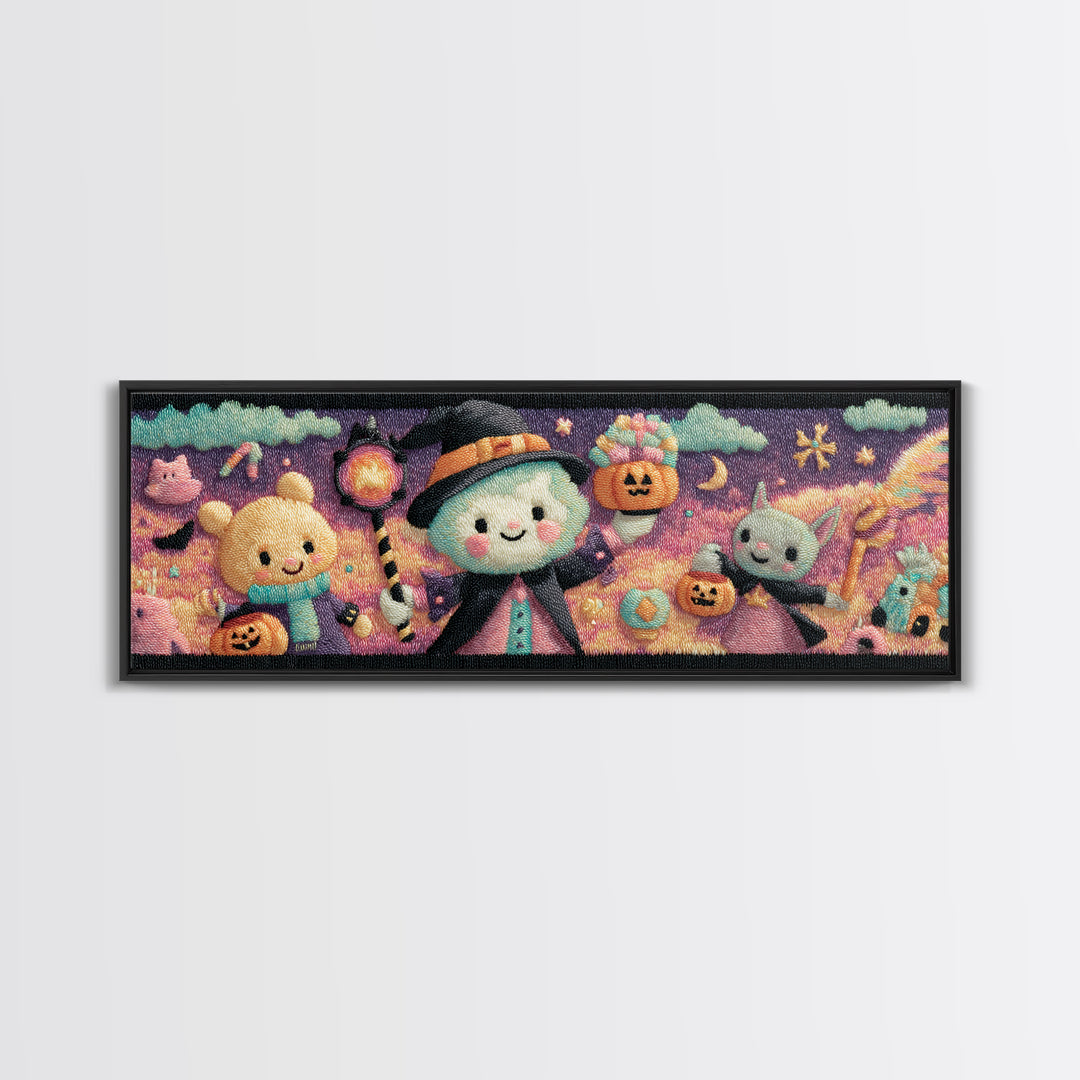 The Halloween Pet Parade, Vaporwave Halloween Decor, Extra Wide Wall Art, Framed Canvas Print, Retro Halloween Decor, Neon Wall Art