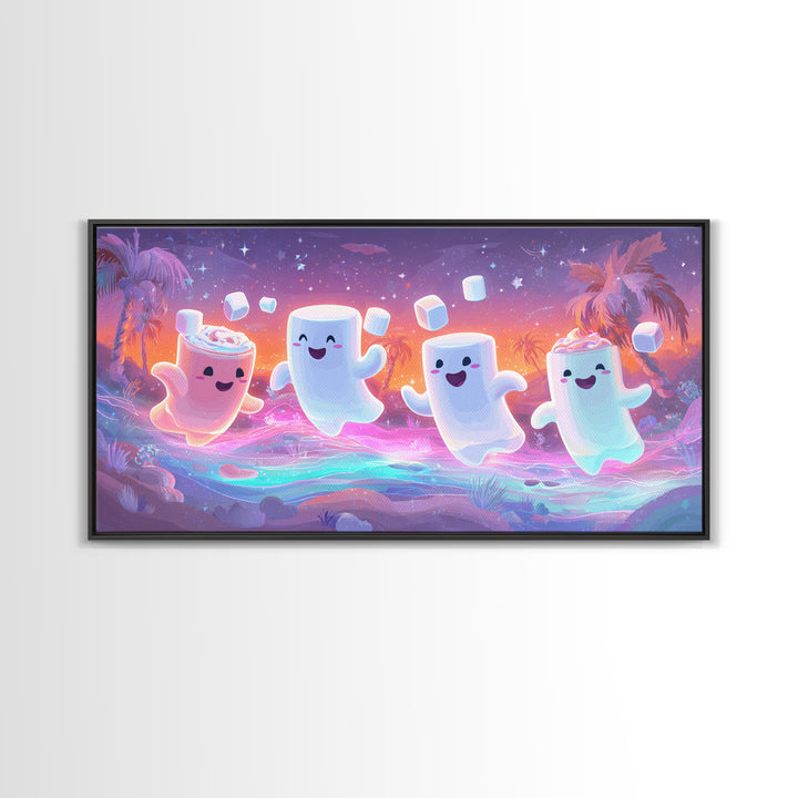 The Midnight Cocoa Party, Vaporwave Halloween Decor, Wide Panoramic Art, Framed Canvas Print, Retro Halloween Decor, Neon Wall Art