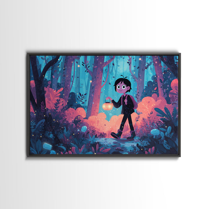 The Firefly Lantern Forest, Cute Spooky Neon Art, Landscape Wall Art, Canvas Print, Retro Halloween Decor, Neon Wall Art