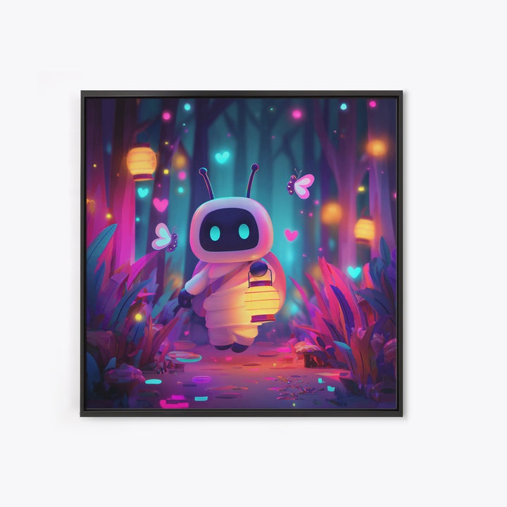 The Firefly Lantern Forest, Retro Neon Halloween Art, Square Wall Art, Framed Canvas Print, Retro Halloween Decor, Neon Wall Art