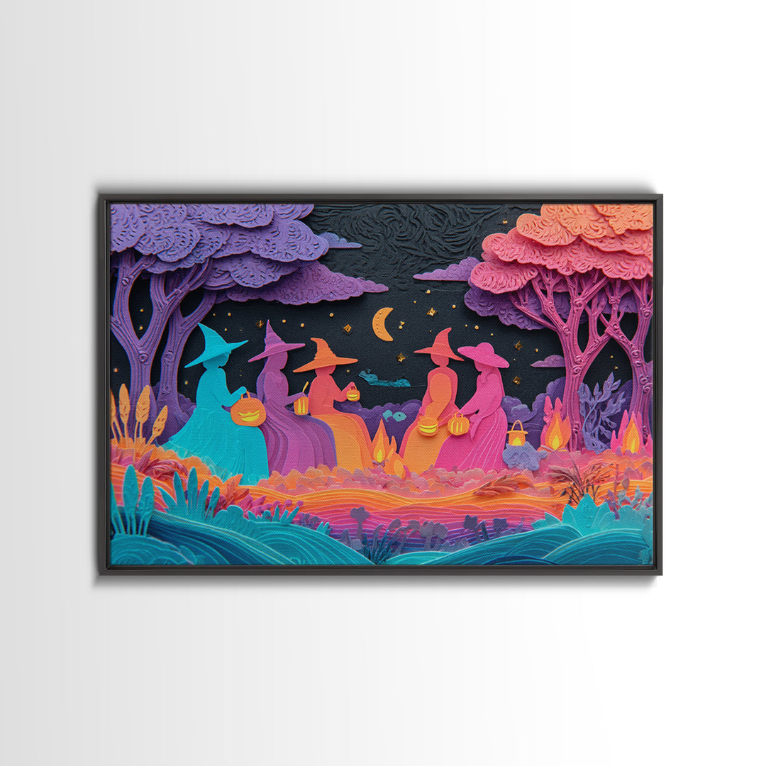 The Smiling Moon Meadow, Retro Neon Halloween Art, Landscape Wall Art, Framed Canvas Print, Retro Halloween Decor, Neon Wall Art