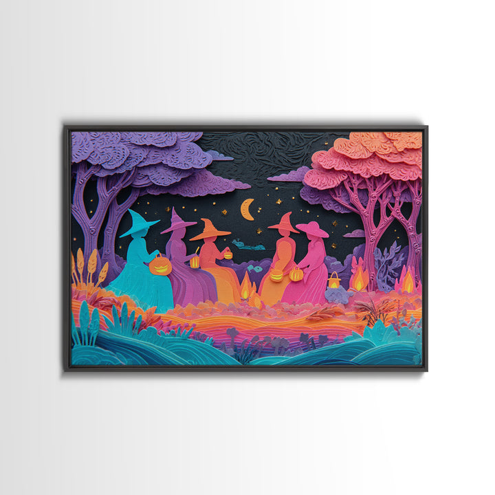 The Smiling Moon Meadow, Retro Neon Halloween Art, Landscape Wall Art, Framed Canvas Print, Retro Halloween Decor, Neon Wall Art