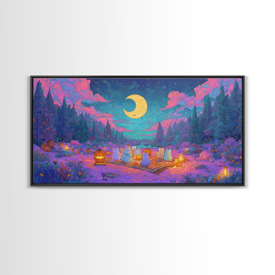 The Smiling Moon Meadow, Vaporwave Halloween Decor, Wide Panoramic Art, Canvas Print, Retro Halloween Decor, Neon Wall Art