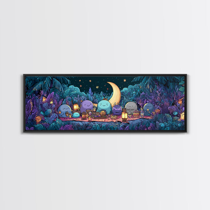 The Smiling Moon Meadow, Synthwave Halloween Art, Extra Wide Wall Art, Framed Canvas Print, Retro Halloween Decor, Neon Wall Art