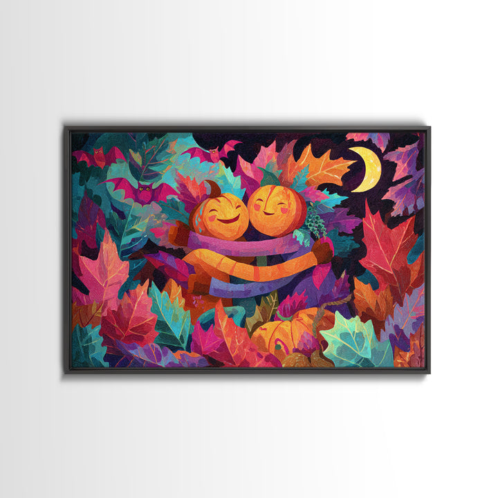 The Dancing Autumn Leaves, Synthwave Halloween Art, Landscape Wall Art, Canvas Print, Retro Halloween Decor, Neon Wall Art