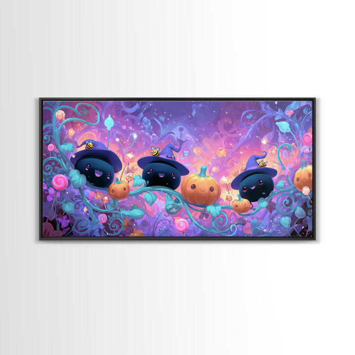 The Pumpkin Flower Garden, Cute Spooky Neon Art, Wide Panoramic Art, Canvas Print, Retro Halloween Decor, Neon Wall Art, Gothic Home Decor