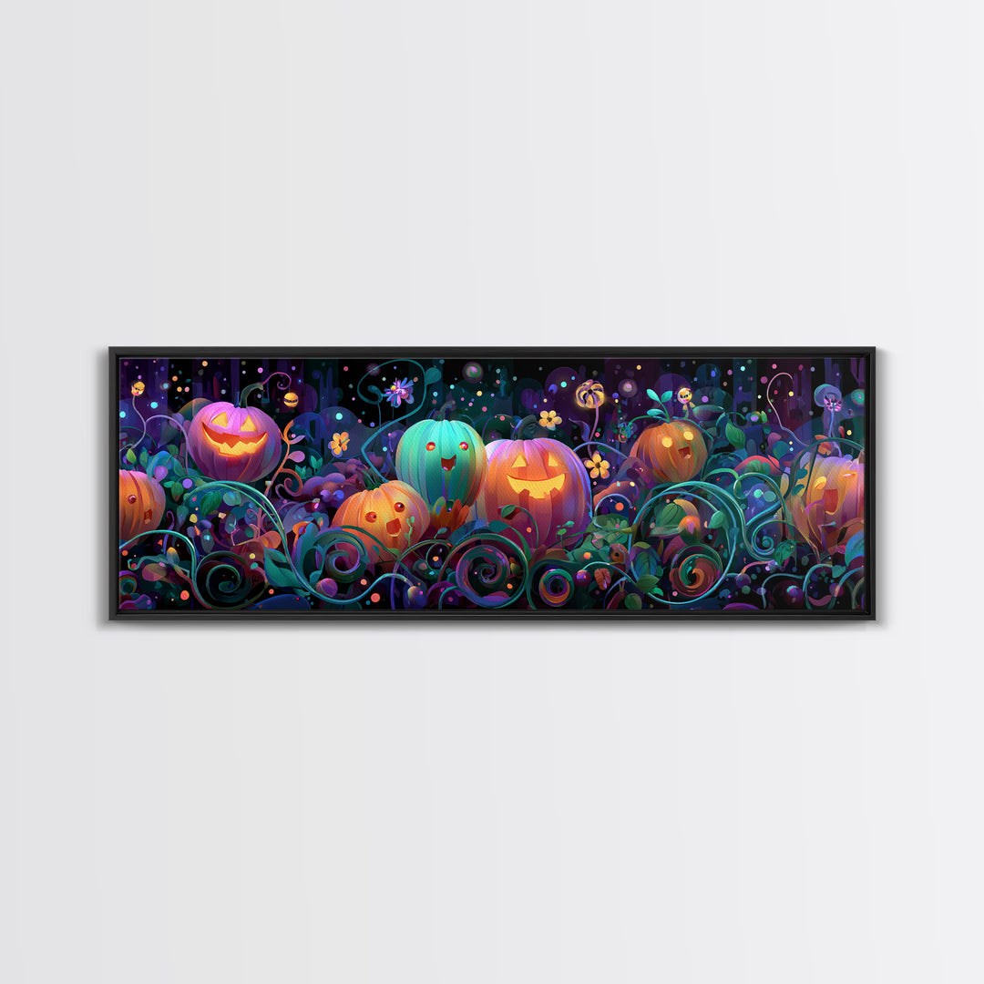The Pumpkin Flower Garden, 80s Halloween Wall Art, Extra Wide Wall Art, Canvas Print, Retro Halloween Decor, Neon Wall Art