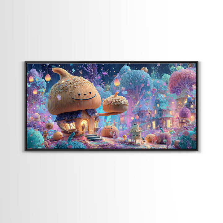 The Moonlit Acorn Village, Retro Neon Halloween Art, Wide Panoramic Art, Canvas Print, Retro Halloween Decor, Neon Wall Art
