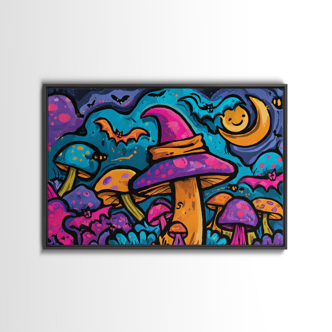 The Friendly Mushroom Forest, Vaporwave Halloween Decor, Landscape Wall Art, Framed Canvas Print, Retro Halloween Decor, Neon Wall Art