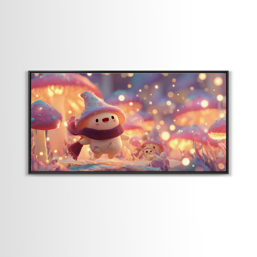The Friendly Mushroom Forest, Vaporwave Halloween Decor, Wide Panoramic Art, Framed Canvas Print, Retro Halloween Decor, Neon Wall Art