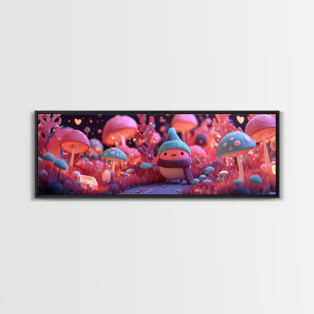 The Friendly Mushroom Forest, Retro Neon Halloween Art, Extra Wide Wall Art, Framed Canvas Print, Retro Halloween Decor, Neon Wall Art