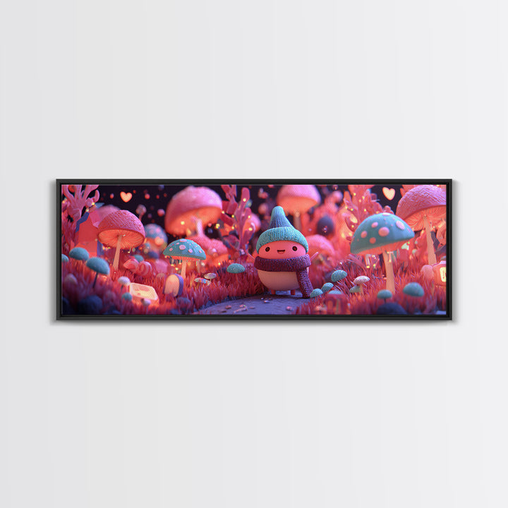 The Friendly Mushroom Forest, Retro Neon Halloween Art, Extra Wide Wall Art, Framed Canvas Print, Retro Halloween Decor, Neon Wall Art