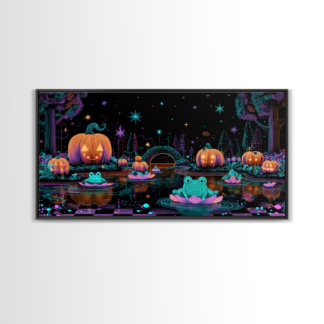 The Star-Filled Pumpkin Pond, Retro Neon Halloween Art, Wide Panoramic Art, Framed Canvas Print, Retro Halloween Decor, Neon Wall Art