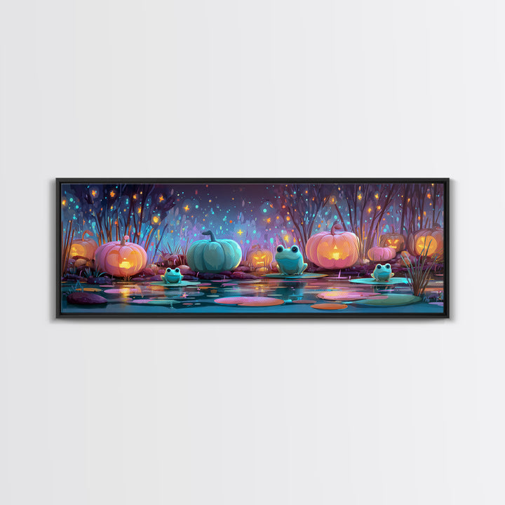 The Star-Filled Pumpkin Pond, Retro Neon Halloween Art, Extra Wide Wall Art, Canvas Print, Retro Halloween Decor, Neon Wall Art