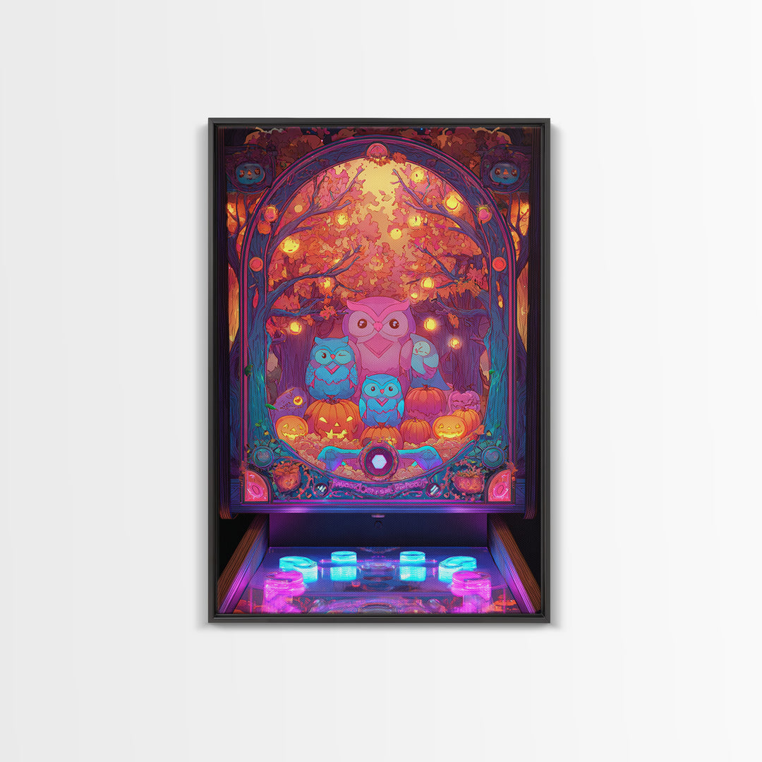 The Sleepy Owl Orchard, Cute Spooky Neon Art, Vertical Wall Art, Framed Canvas Print, Retro Halloween Decor, Neon Wall Art