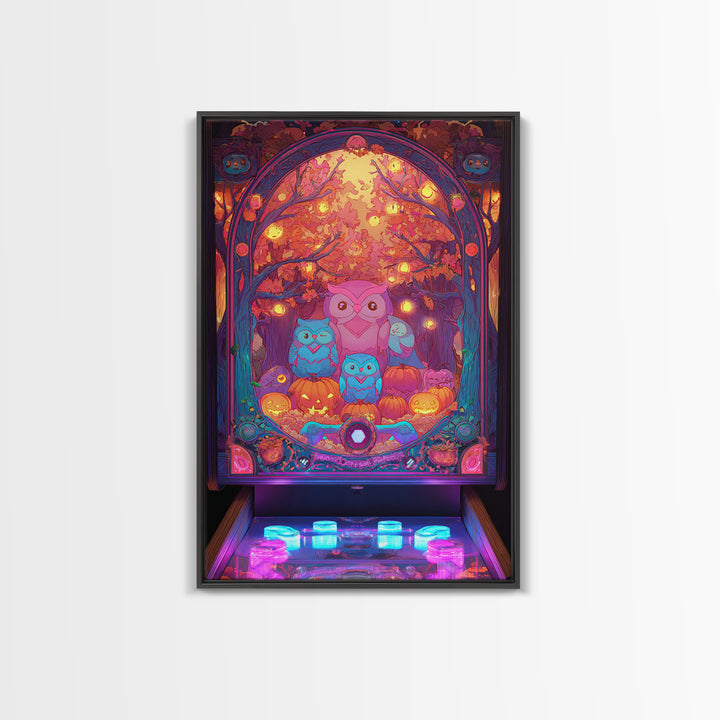 The Sleepy Owl Orchard, Cute Spooky Neon Art, Vertical Wall Art, Framed Canvas Print, Retro Halloween Decor, Neon Wall Art