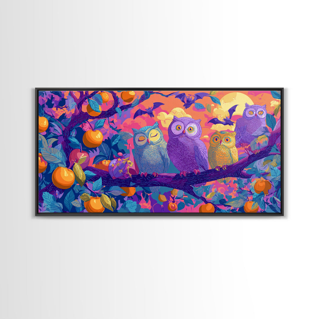 The Sleepy Owl Orchard, Retro Neon Halloween Art, Wide Panoramic Art, Framed Canvas Print, Retro Halloween Decor, Neon Wall Art