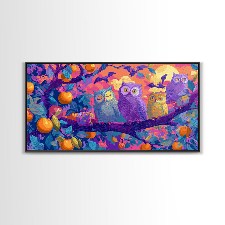 The Sleepy Owl Orchard, Retro Neon Halloween Art, Wide Panoramic Art, Framed Canvas Print, Retro Halloween Decor, Neon Wall Art