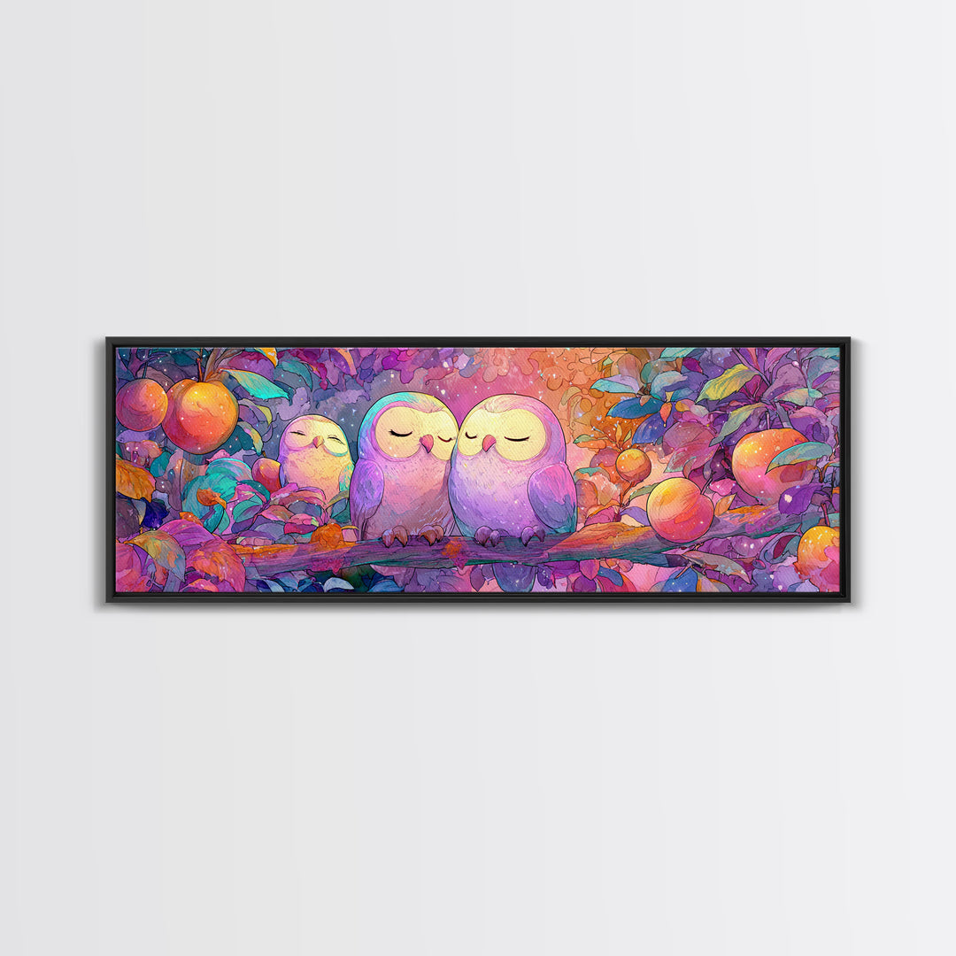 The Sleepy Owl Orchard, Cute Spooky Neon Art, Extra Wide Wall Art, Framed Canvas Print, Retro Halloween Decor, Neon Wall Art