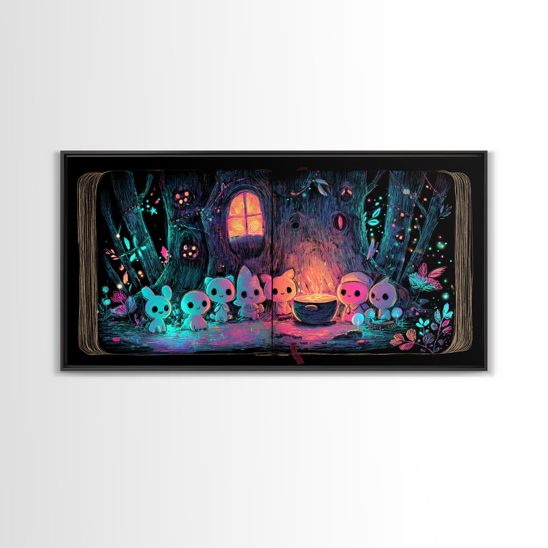 The Cozy Hollow Tree, Retro Neon Halloween Art, Wide Panoramic Art, Canvas Print, Retro Halloween Decor, Neon Wall Art, Statement Wall Art