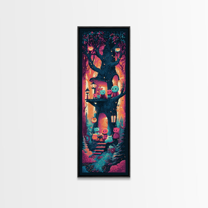 The Cozy Hollow Tree, Retro Neon Halloween Art, Tall Narrow Wall Art, Canvas Print, Retro Halloween Decor, Neon Wall Art, Statement Wall Art