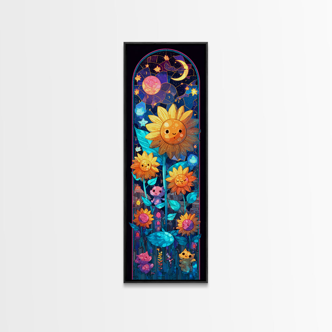 The Singing Sunflowers At Midnight, Retro Neon Halloween Art, Tall Narrow Wall Art, Framed Canvas Print, Retro Halloween Decor