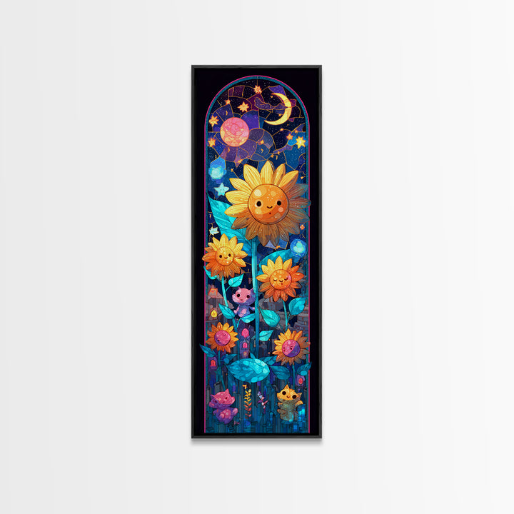 The Singing Sunflowers At Midnight, Retro Neon Halloween Art, Tall Narrow Wall Art, Framed Canvas Print, Retro Halloween Decor