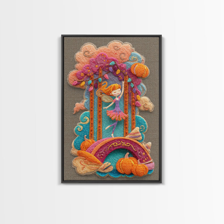 The Autumn Fairy Bridge, Cute Spooky Neon Art, Vertical Wall Art, Canvas Print, Retro Halloween Decor, Neon Wall Art, Collectible Wall Decor