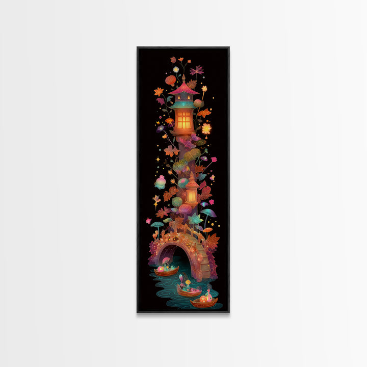 The Autumn Fairy Bridge, Cute Spooky Neon Art, Tall Narrow Wall Art, Canvas Print, Retro Halloween Decor, Neon Wall Art