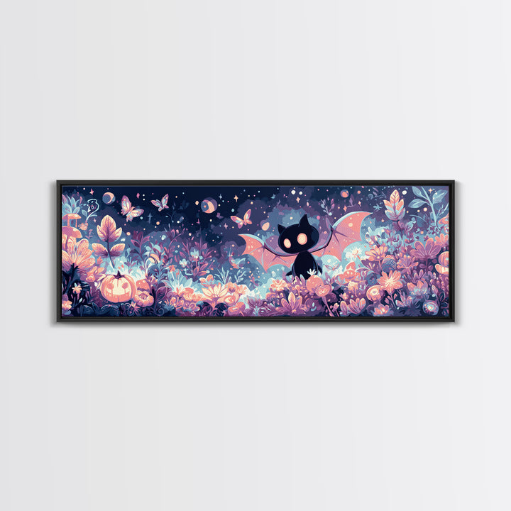 The Moon-Moth Garden, Synthwave Halloween Art, Extra Wide Wall Art, Framed Canvas Print, Retro Halloween Decor, Neon Wall Art