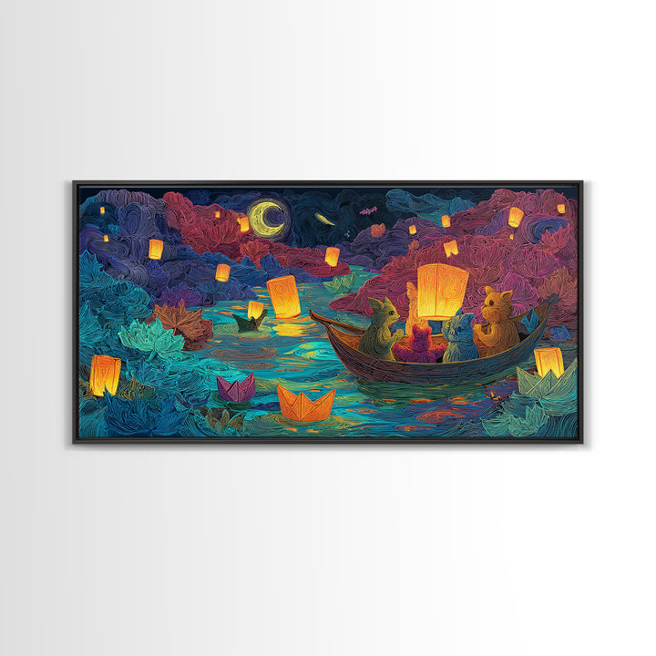 The Golden Leaf River, Cute Spooky Neon Art, Wide Panoramic Art, Framed Canvas Print, Retro Halloween Decor, Neon Wall Art