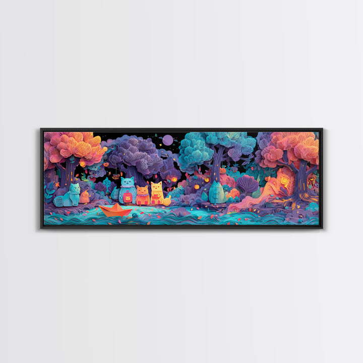 The Golden Leaf River, 80s Halloween Wall Art, Extra Wide Wall Art, Canvas Print, Retro Halloween Decor, Neon Wall Art