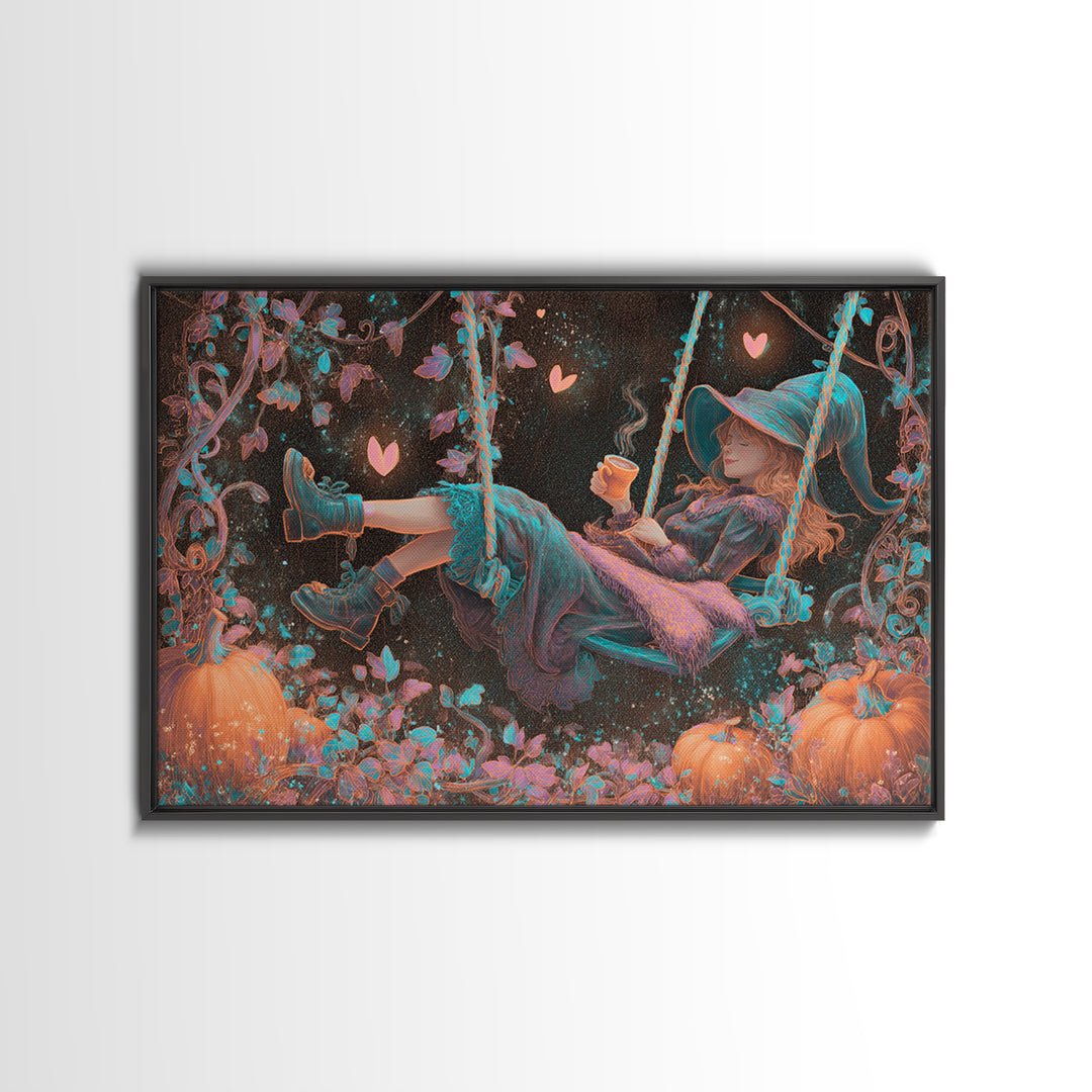 The Pumpkin Vine Swing, Vaporwave Halloween Decor, Landscape Wall Art, Canvas Print, Retro Halloween Decor, Neon Wall Art