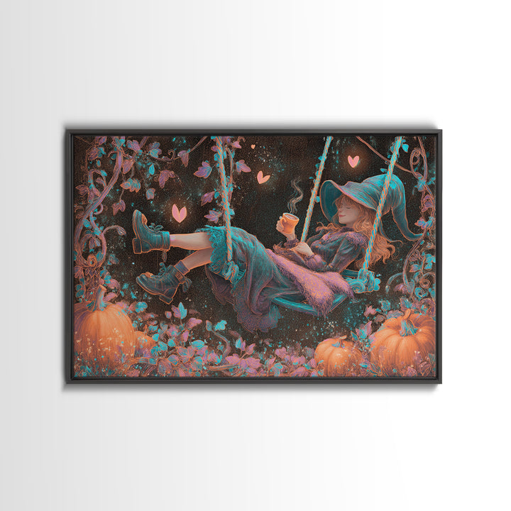 The Pumpkin Vine Swing, Vaporwave Halloween Decor, Landscape Wall Art, Canvas Print, Retro Halloween Decor, Neon Wall Art