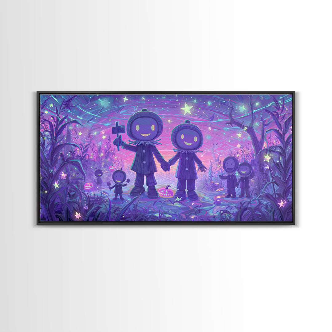 The Starry Cornfield Maze, 80s Halloween Wall Art, Wide Panoramic Art, Framed Canvas Print, Retro Halloween Decor, Neon Wall Art