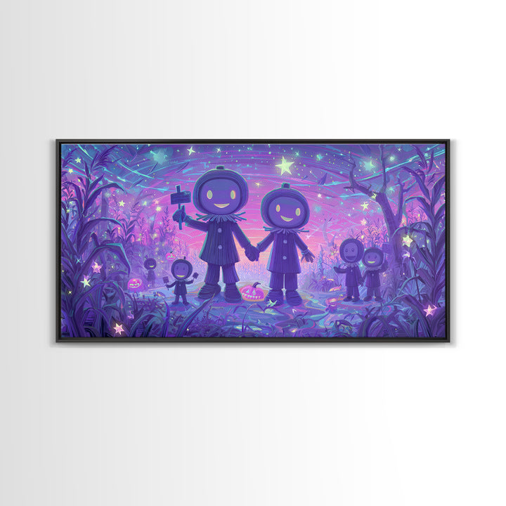 The Starry Cornfield Maze, 80s Halloween Wall Art, Wide Panoramic Art, Framed Canvas Print, Retro Halloween Decor, Neon Wall Art