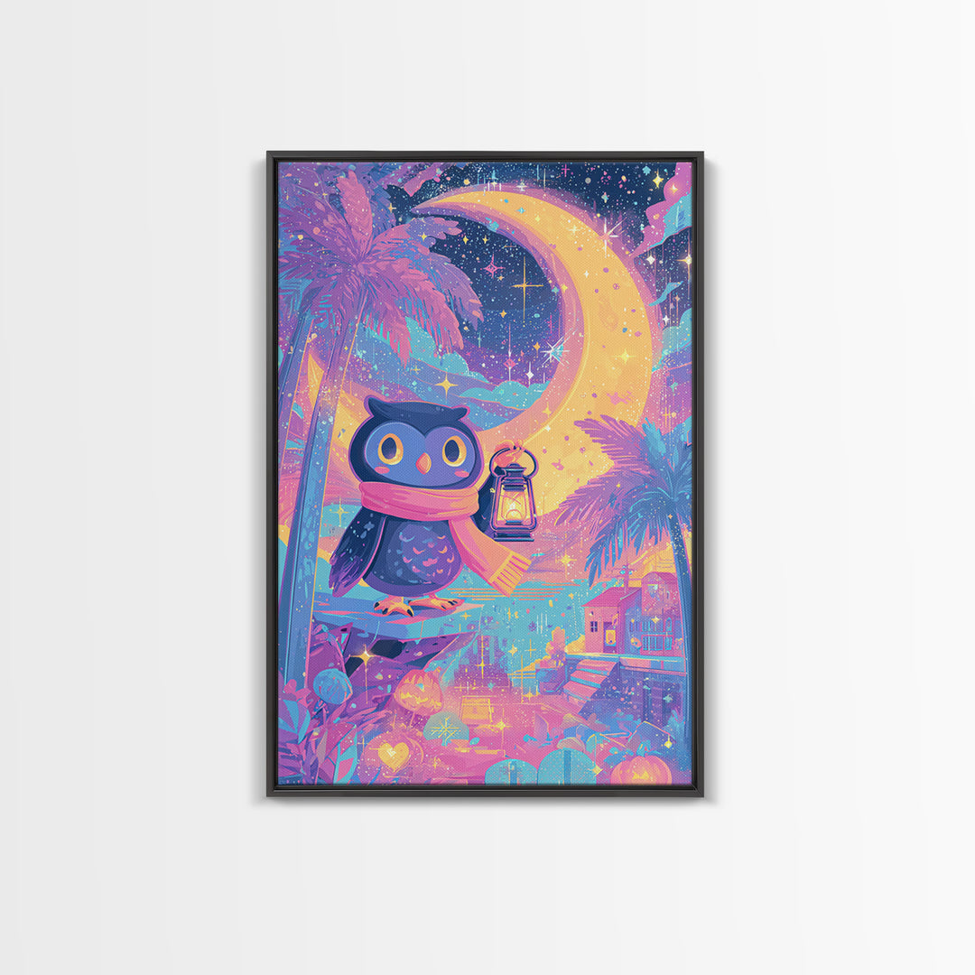The Owl And The Crescent Moon, Cute Spooky Neon Art, Vertical Wall Art, Canvas Print, Retro Halloween Decor, Neon Wall Art