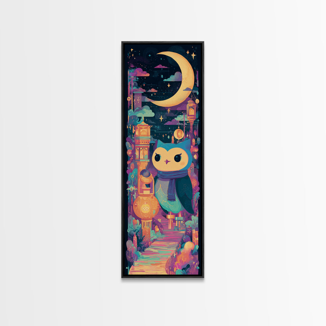 The Owl And The Crescent Moon, 80s Halloween Wall Art, Tall Narrow Wall Art, Canvas Print, Retro Halloween Decor, Neon Wall Art