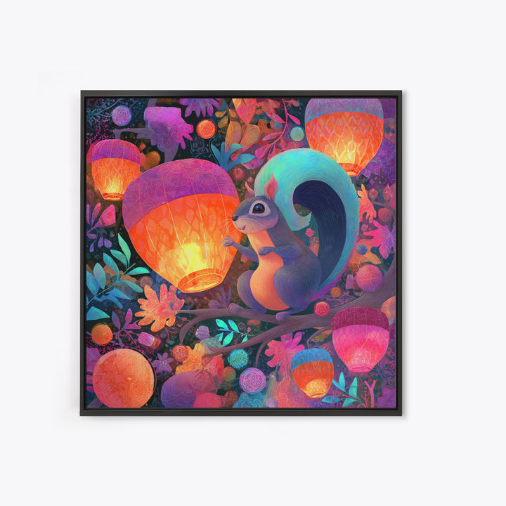 The Acorn Lantern Festival, Cute Spooky Neon Art, Square Wall Art, Framed Canvas Print, Retro Halloween Decor, Neon Wall Art