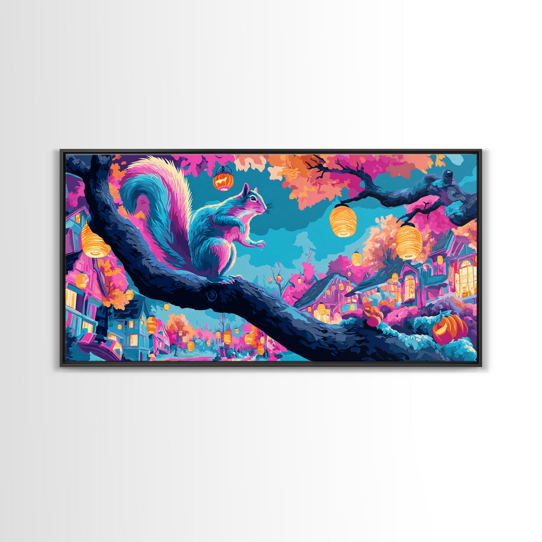 The Acorn Lantern Festival, Synthwave Halloween Art, Wide Panoramic Art, Framed Canvas Print, Retro Halloween Decor, Neon Wall Art