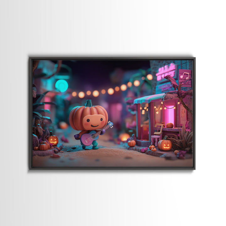 The Singing Pumpkin Patch, Vaporwave Halloween Decor, Landscape Wall Art, Framed Canvas Print, Retro Halloween Decor, Neon Wall Art