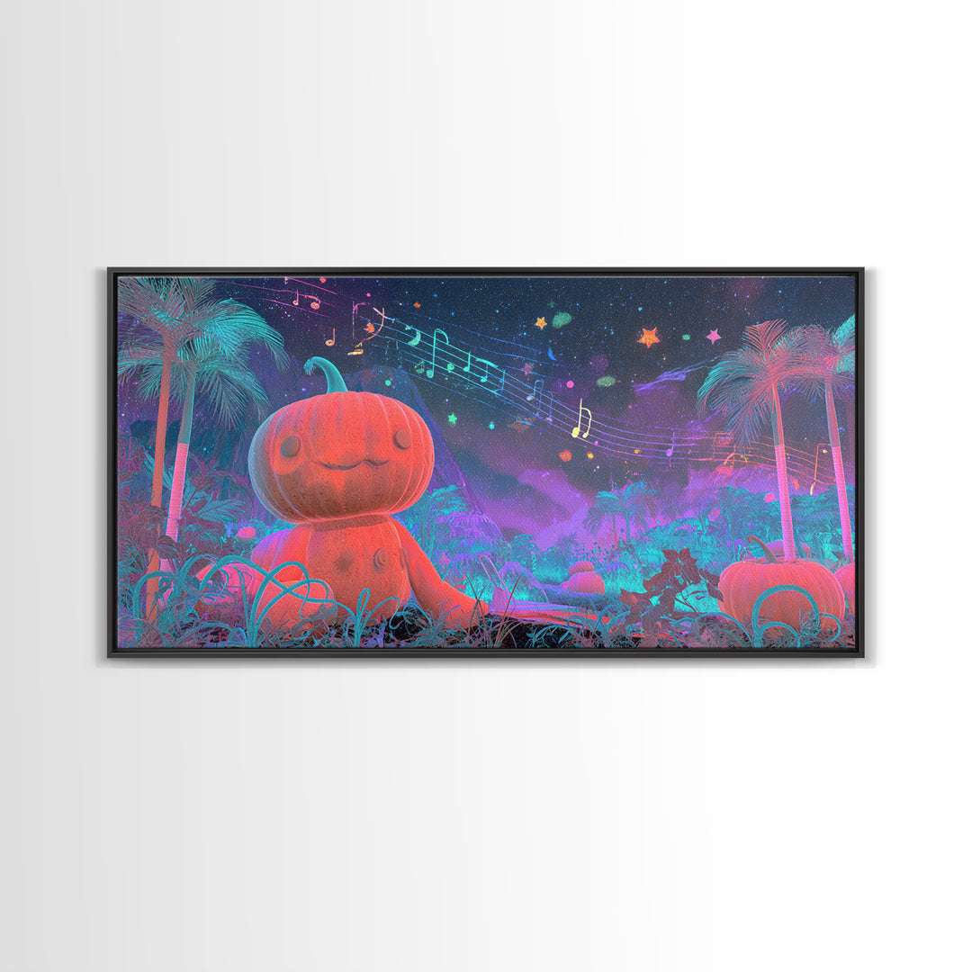 The Singing Pumpkin Patch, Vaporwave Halloween Decor, Wide Panoramic Art, Framed Canvas Print, Retro Halloween Decor, Neon Wall Art