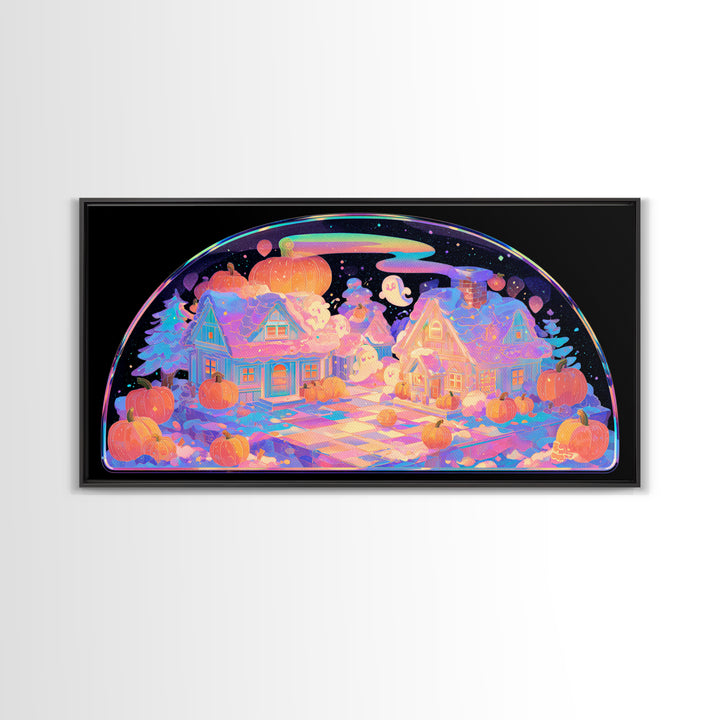 Halloween Inside A Snow Globe, 80s Halloween Wall Art, Wide Panoramic Art, Canvas Print, Retro Halloween Decor, Neon Wall Art