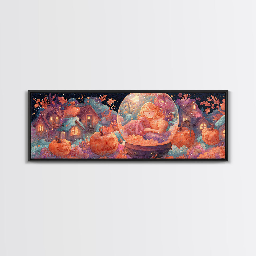 Halloween Inside A Snow Globe, 80s Halloween Wall Art, Extra Wide Wall Art, Canvas Print, Retro Halloween Decor, Neon Wall Art