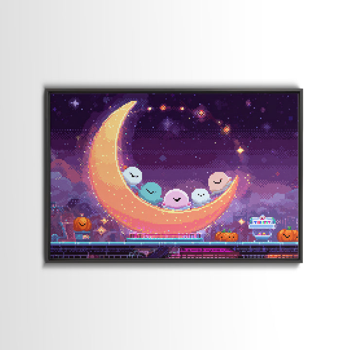 The Tiny Moon Carnival, Vaporwave Halloween Decor, Landscape Wall Art, Framed Canvas Print, Retro Halloween Decor, Neon Wall Art