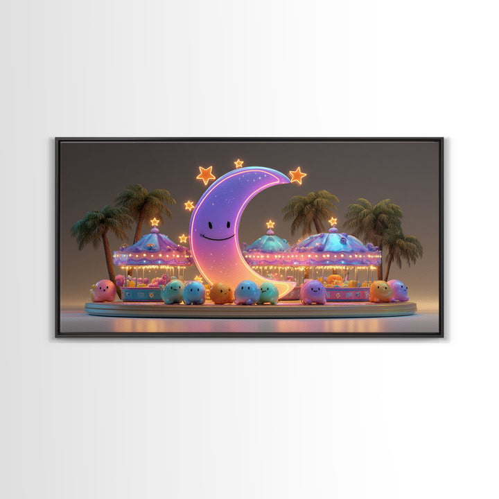 The Tiny Moon Carnival, Retro Neon Halloween Art, Wide Panoramic Art, Framed Canvas Print, Retro Halloween Decor, Neon Wall Art