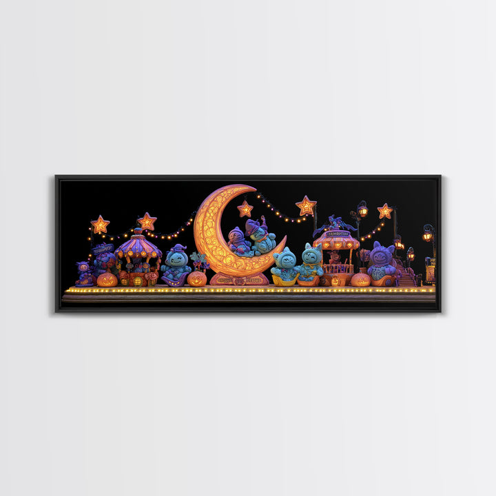 The Tiny Moon Carnival, 80s Halloween Wall Art, Extra Wide Wall Art, Framed Canvas Print, Retro Halloween Decor, Neon Wall Art